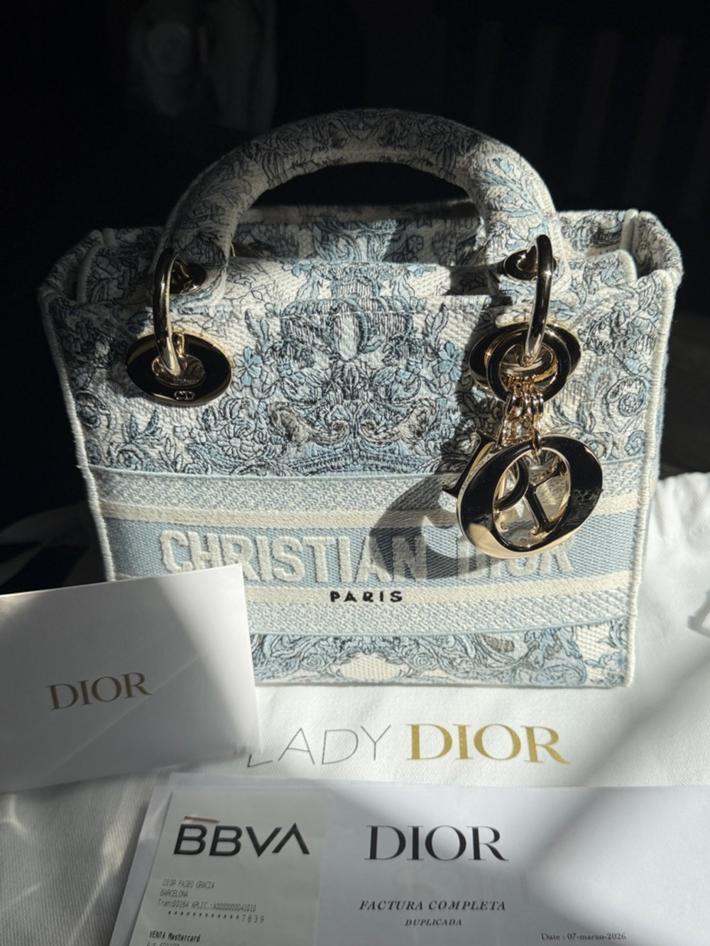 Dior Lady Dior Mini Tote in Light Blue and Cream Toile - Picture 2 of 5